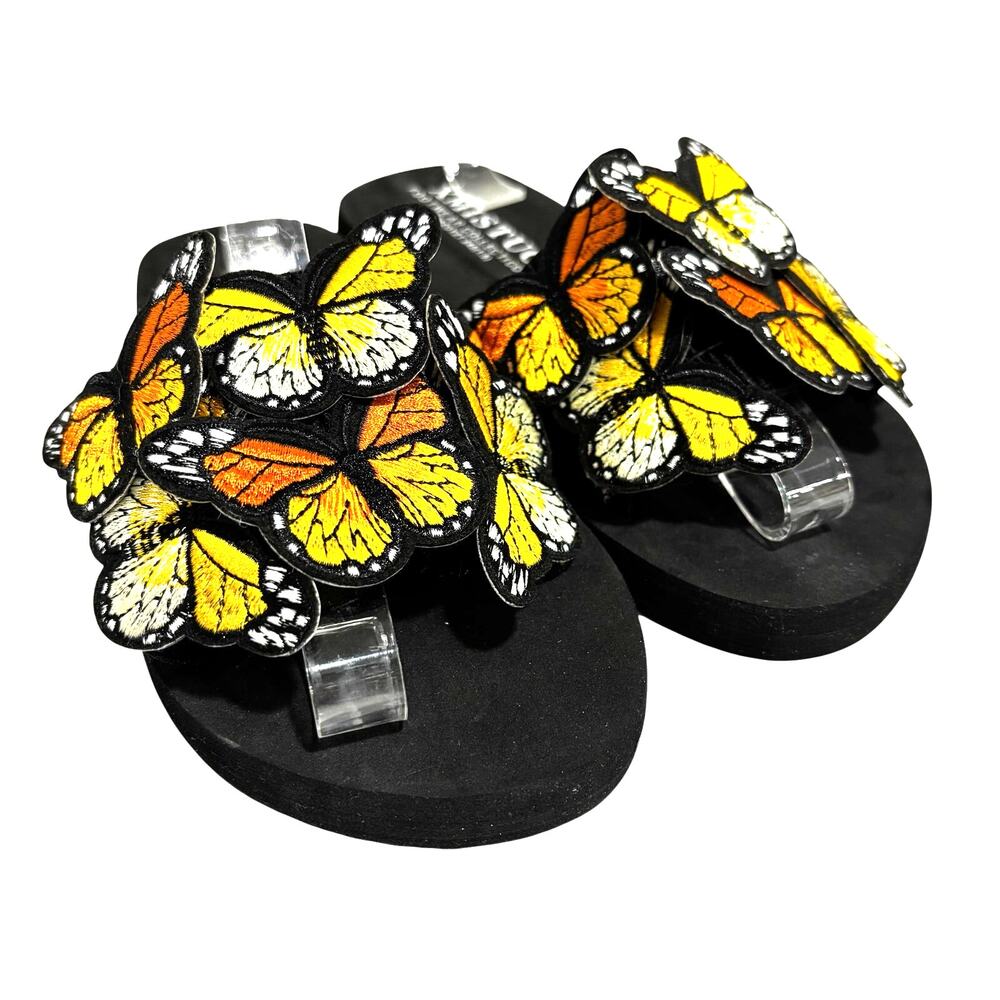 XMistuo Butterfly Embellished flip flop slide sandals black orange yellow shoes
